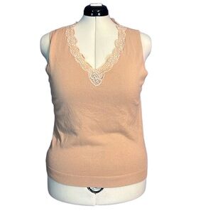 Jones New York Tan Sleeveless Knit Lace Blouse